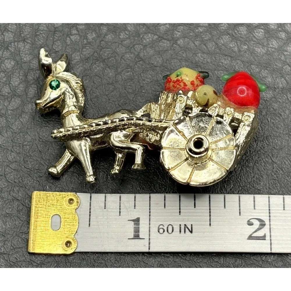 Vintage Gold Tone Horse Donkey Cart Brooch Colorful Glass Fruit Accents
